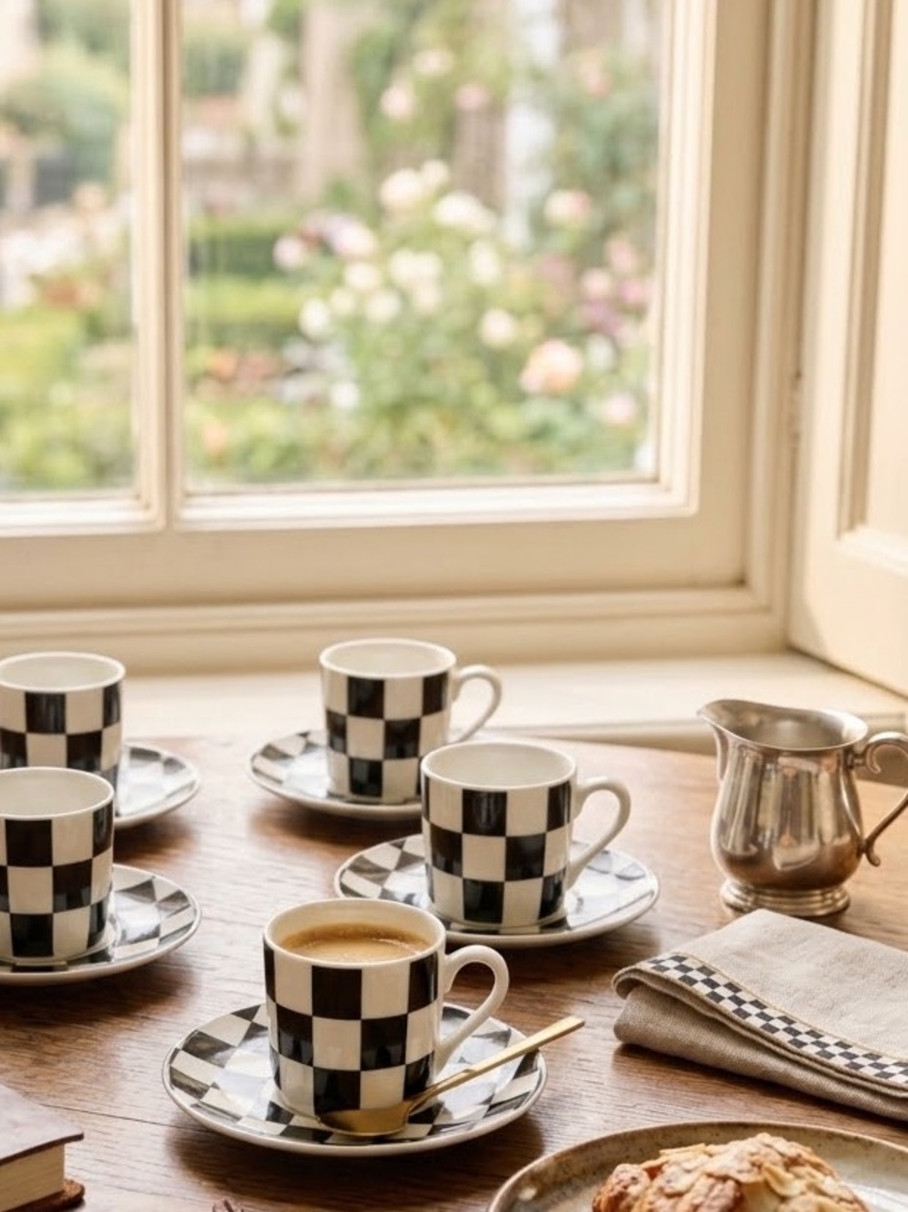 Black & White Checked Espresso Cup and Saucer Set Fine China 8 Piece Set
